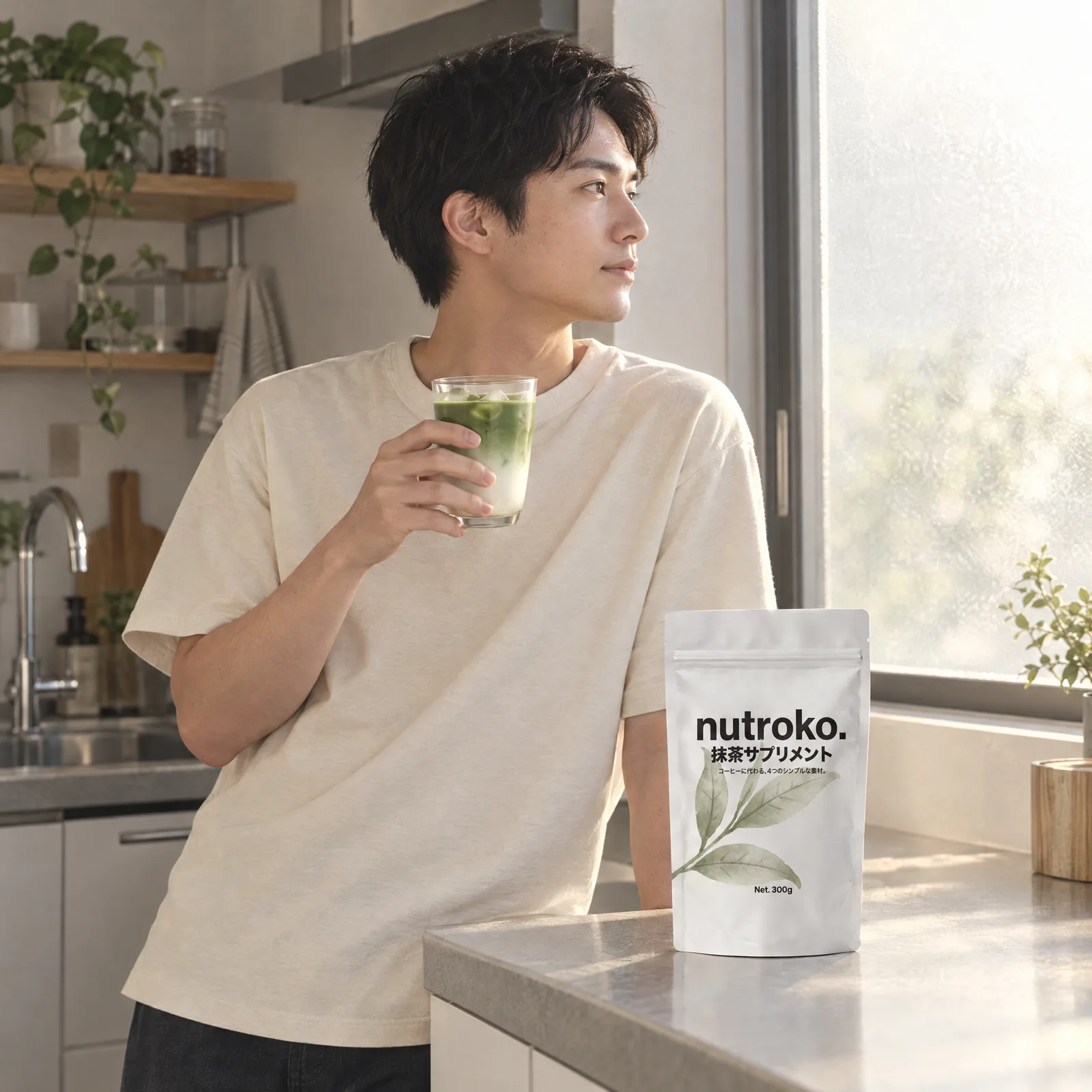 A man in a sunlit kitchen holding a glass of iced matcha, looking out of the window, the Nutroko pouch on the counter