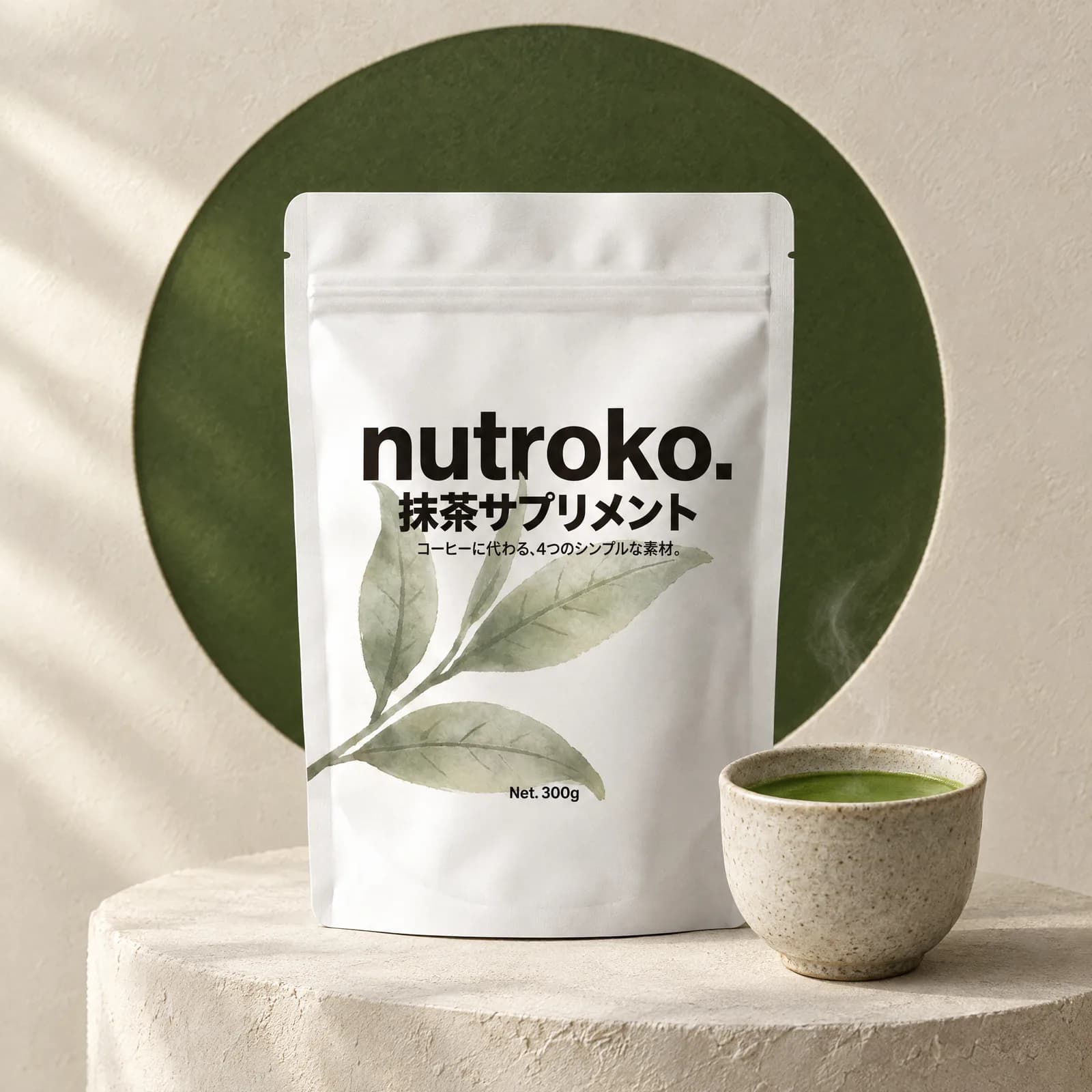 The white Nutroko pouch beside a cup of plain matcha, in front of a deep matcha-green round disc