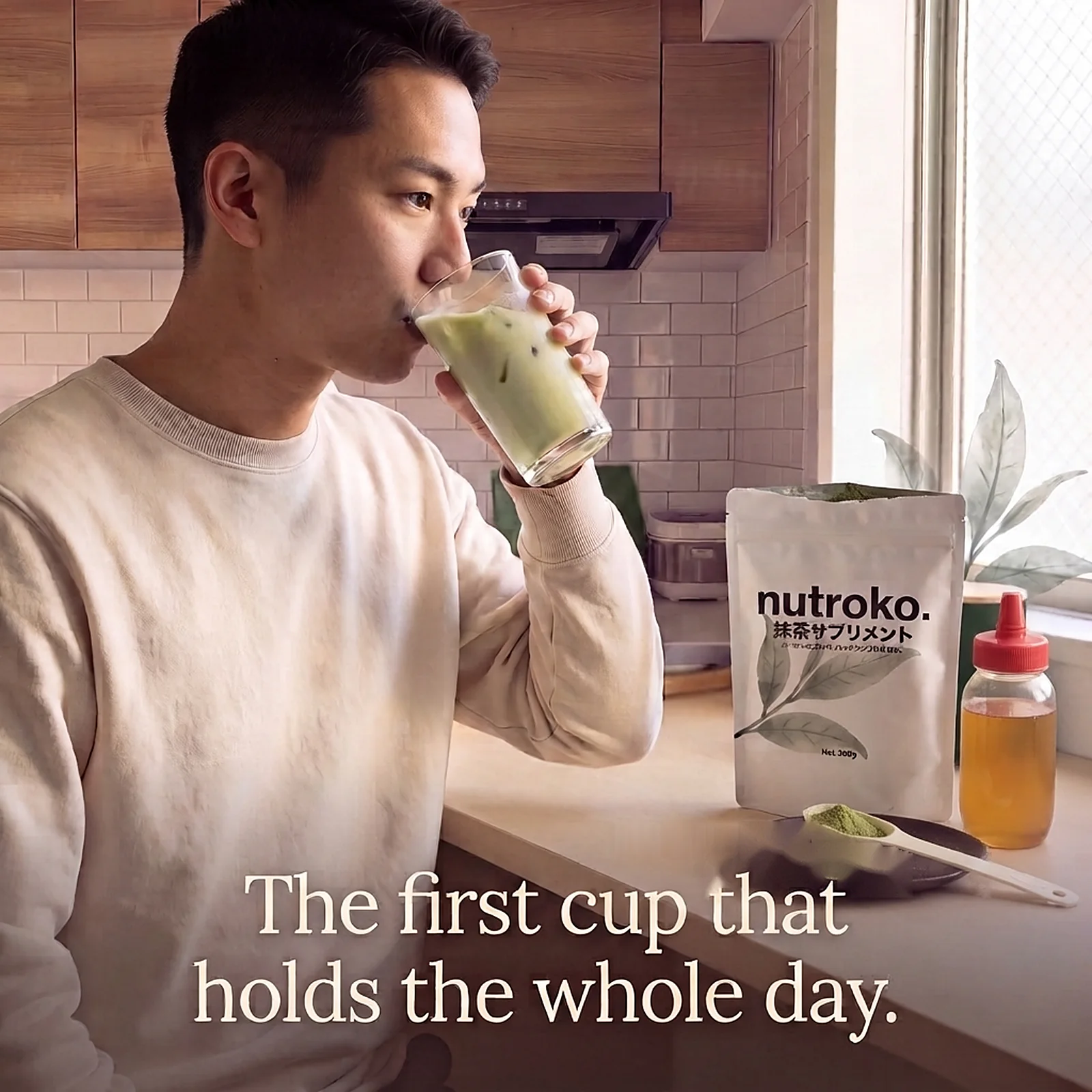 A morning cup of Nutroko on the kitchen counter in warm light — the pouch open beside it, with a honey bottle and the 20cc scoop on a small plate