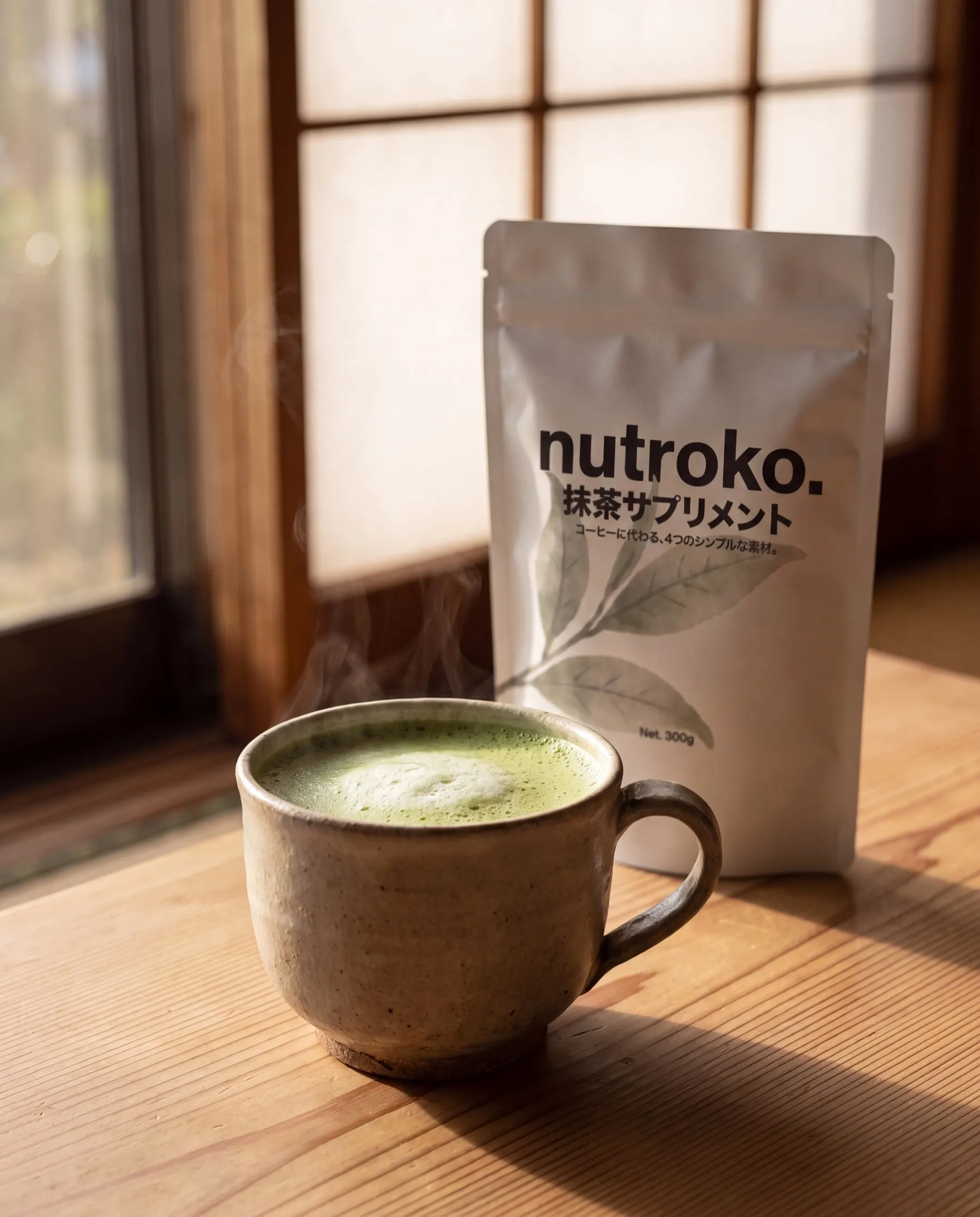 湯気の立つnutroko.の一杯とパウチ、障子越しの朝の光