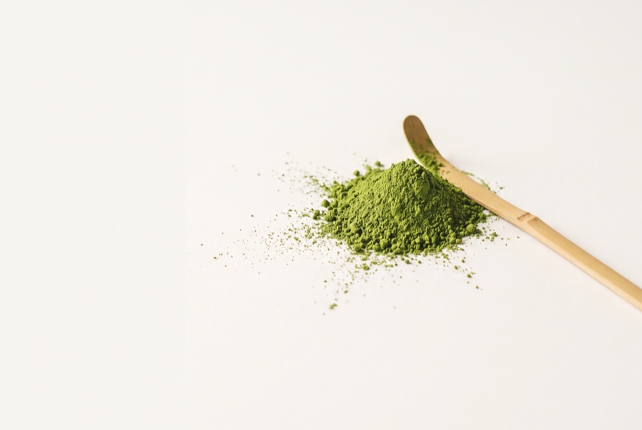 Stone-milled Kagoshima matcha powder in a ceramic bowl