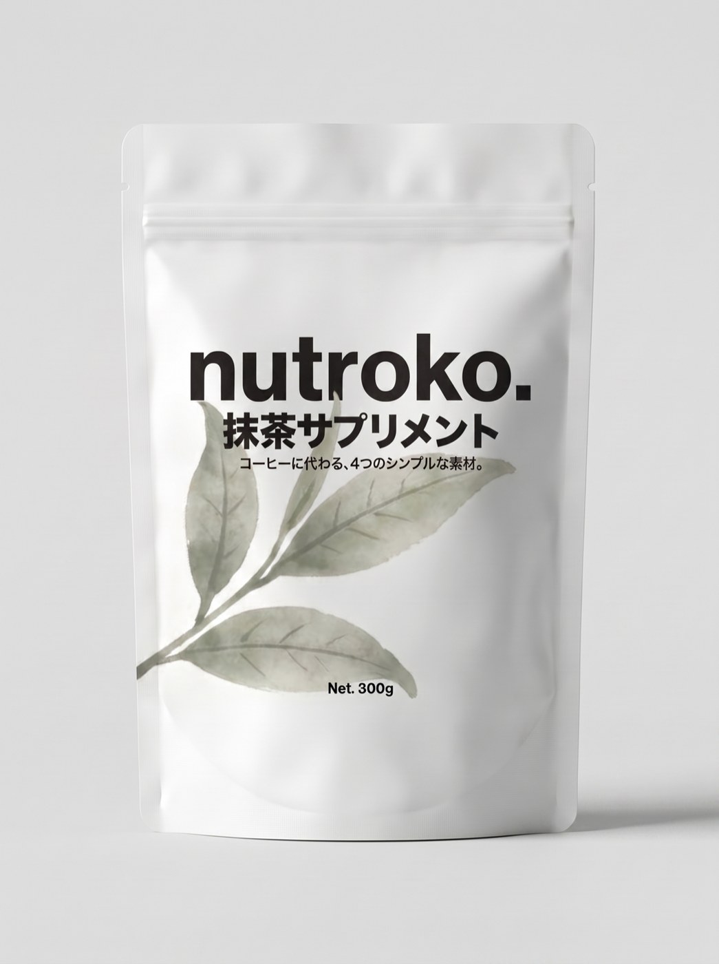 Nutroko 300g pouch, matte washi-white with a sage watercolor tea leaf