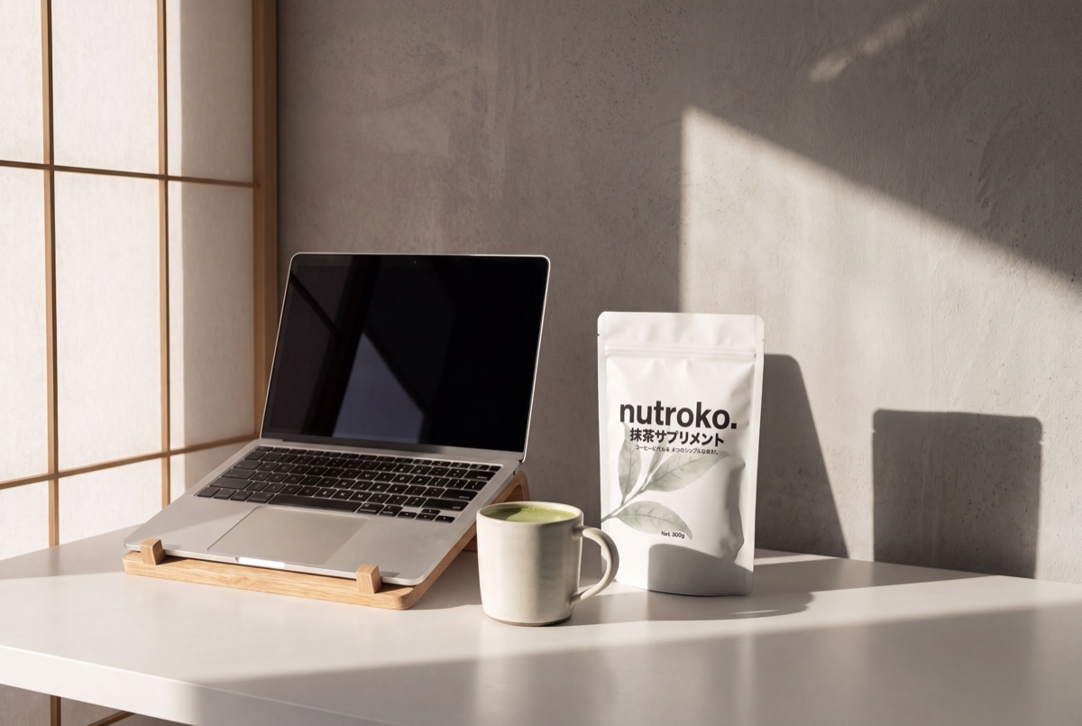 The finished Nutroko latte on a workspace desk, laptop open